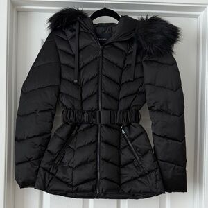Tahari Black Puffer Jacket with Fur Trim